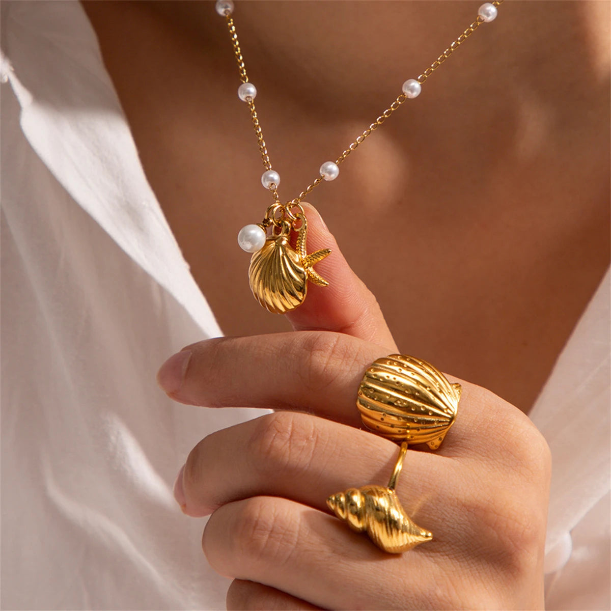 New French Ocean Series Pearl Accessories Fashion Versatile Starfish Shell Necklace Titanium Steel Color Preservation