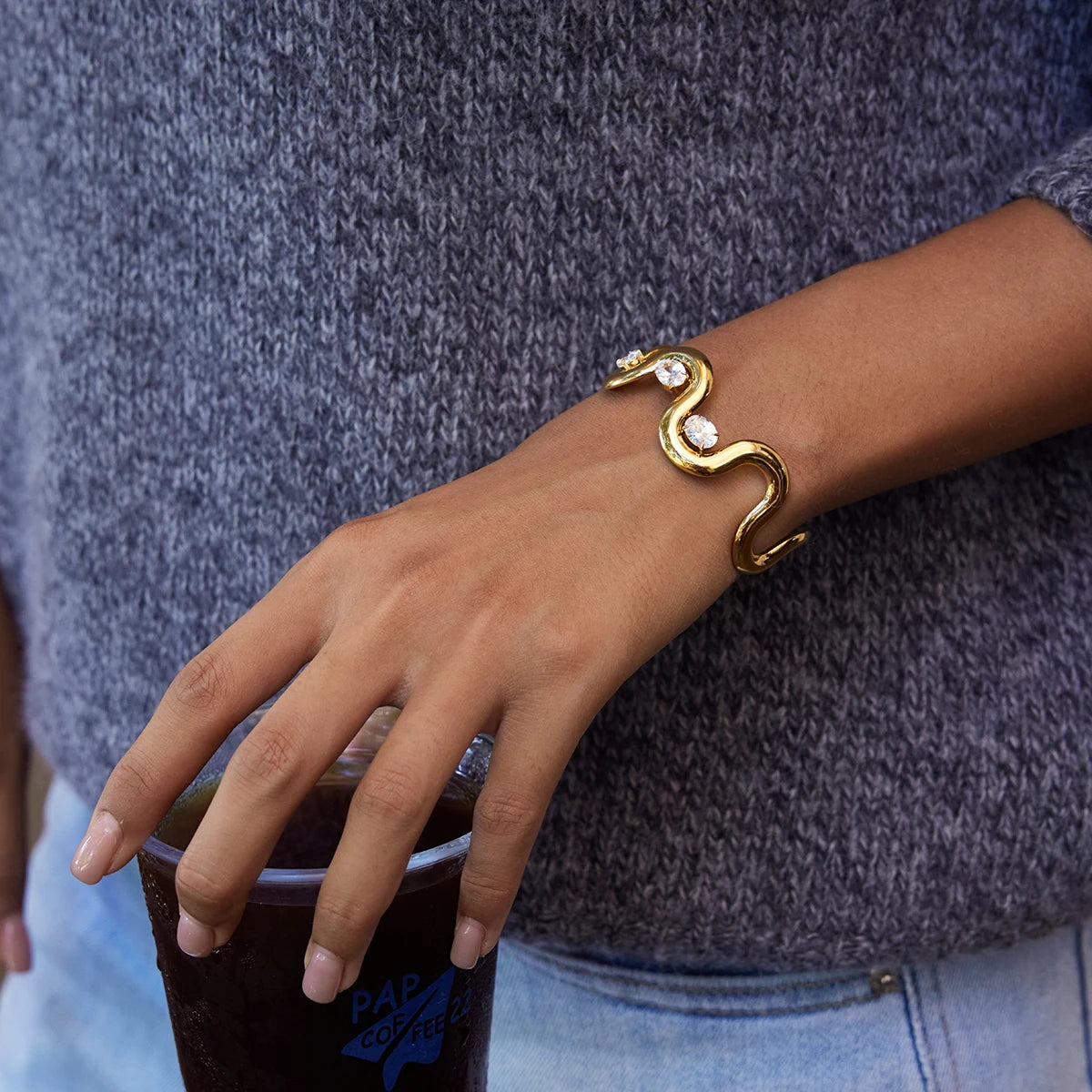 Wavy Crystal Cuff Bracelet — Stainless Steel · PS048