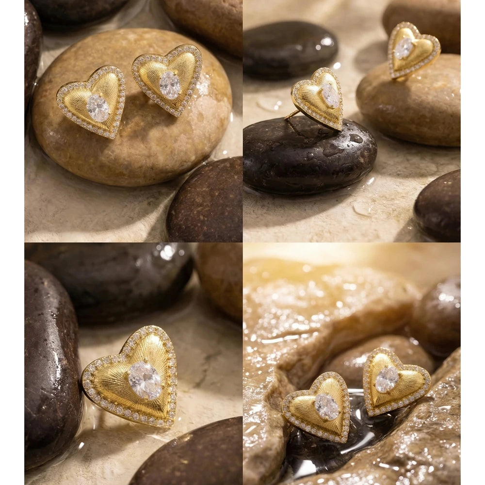 Cubic zirconia heart earrings in gold-plated stainless steel with cubic zirconia.
