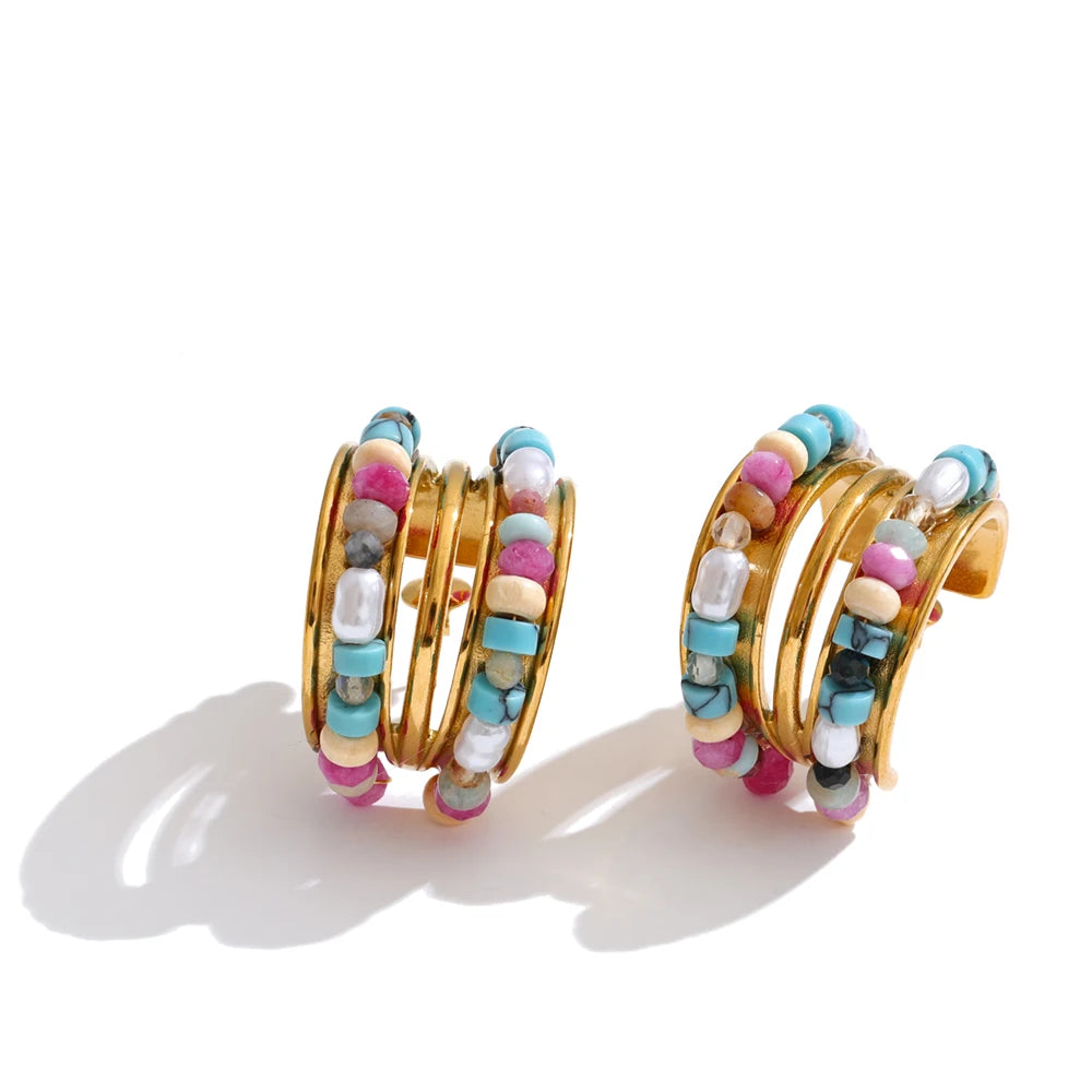 Pearl crystal natural stone earrings in gold-plated stainless steel with pearl and natural stone.