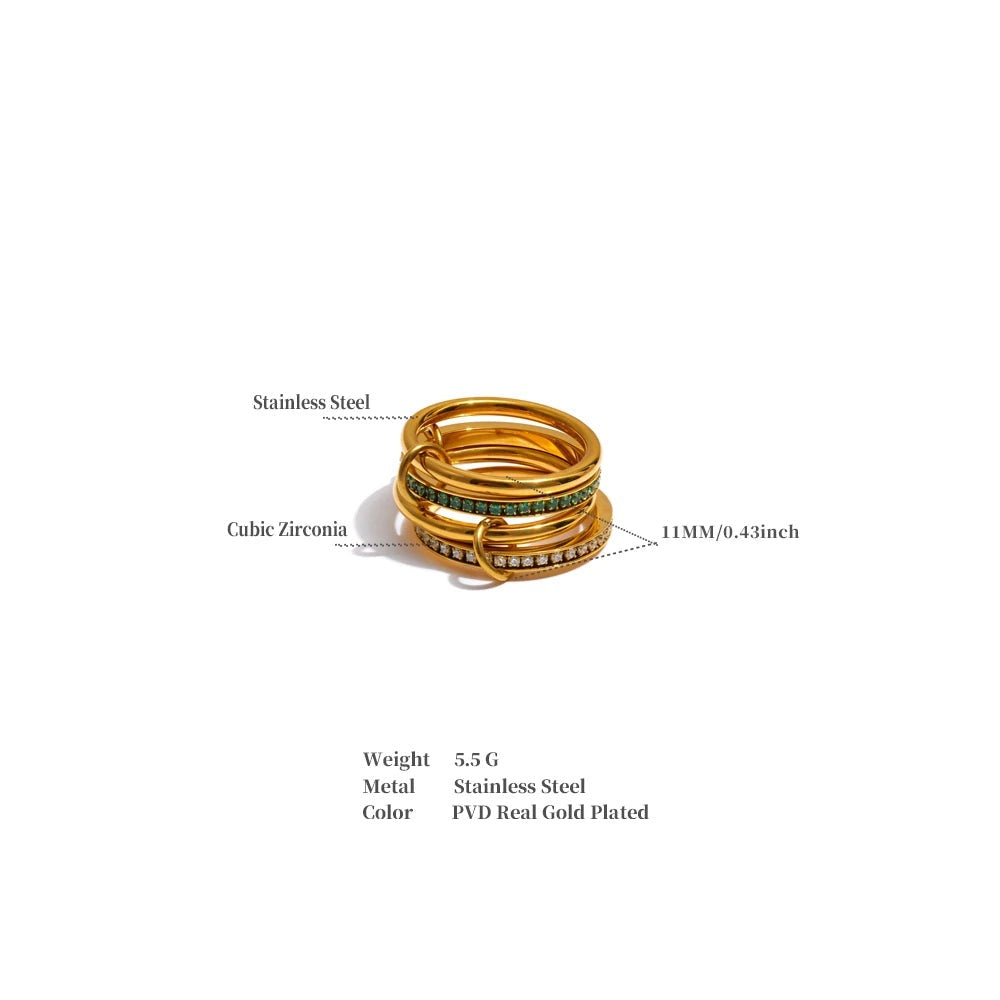 White cubic zirconia geometric ring in 18K gold-plated stainless steel with cubic zirconia.