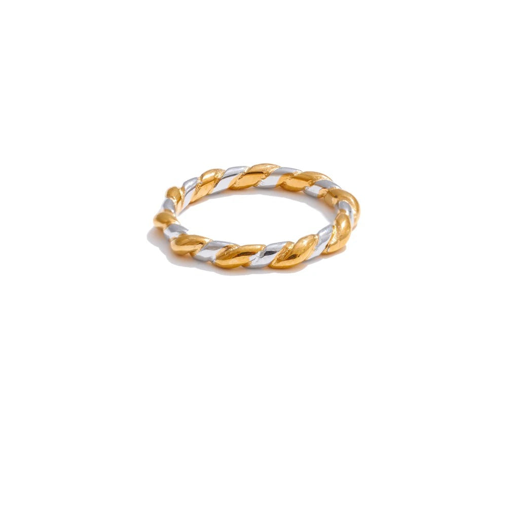 Gold-plated stainless steel ring with two intertwined bands.