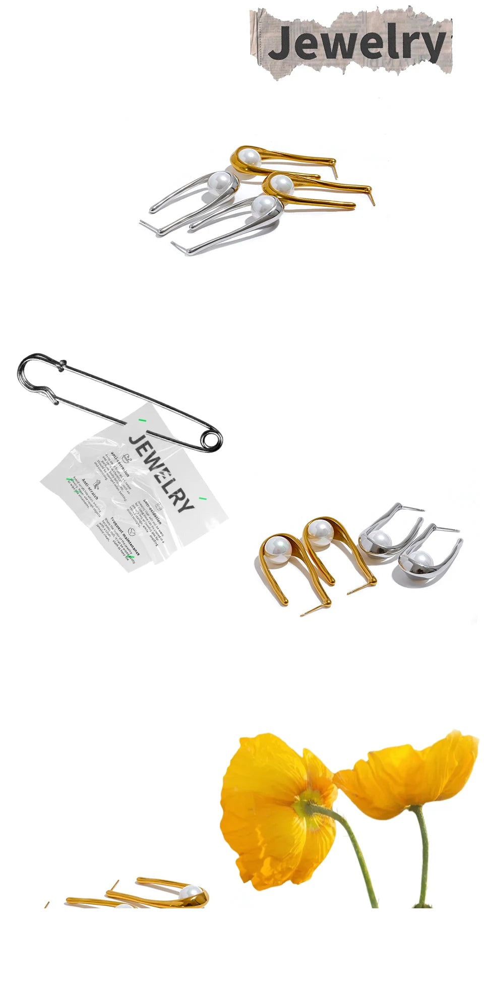 Pearl minimalist geometric earrings in gold-plated stainless steel with pearl.