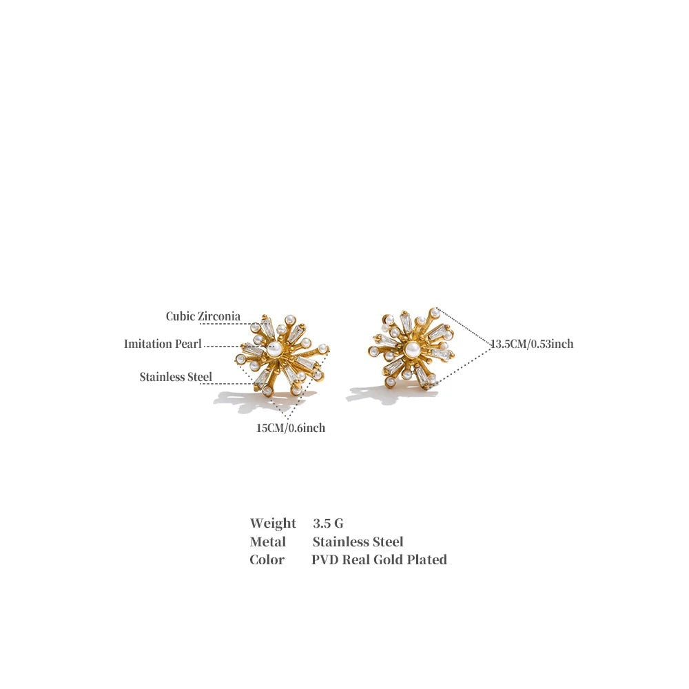 Cubic zirconia pearl flower earrings in gold-plated stainless steel with pearl and cubic zirconia.