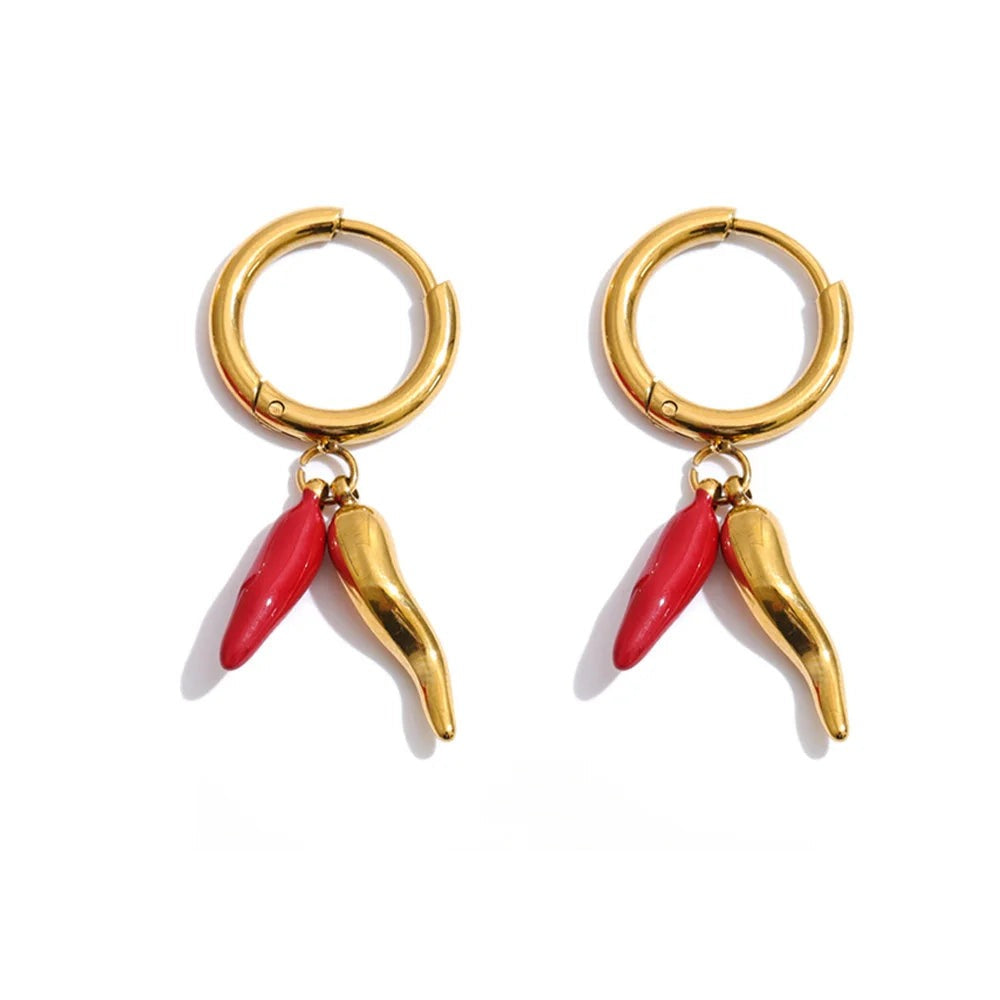 Gold-plated stainless steel earrings with red enamel accents.