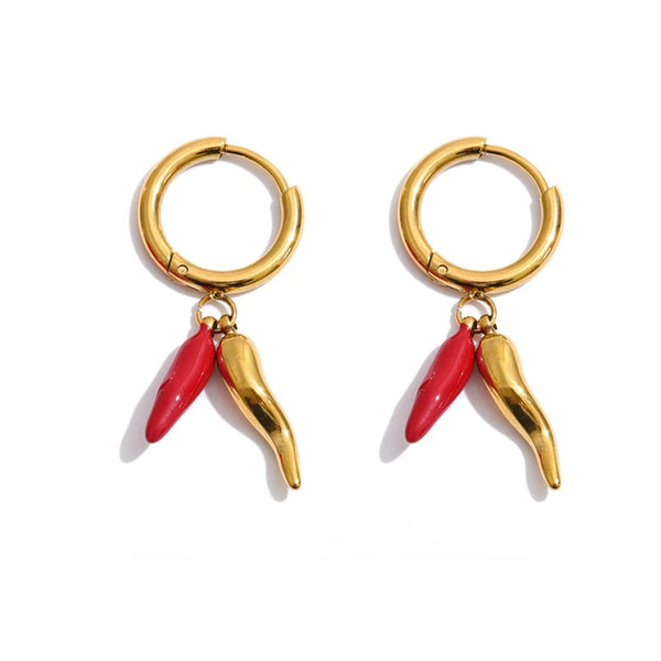Gold-plated stainless steel earrings with red enamel accents.