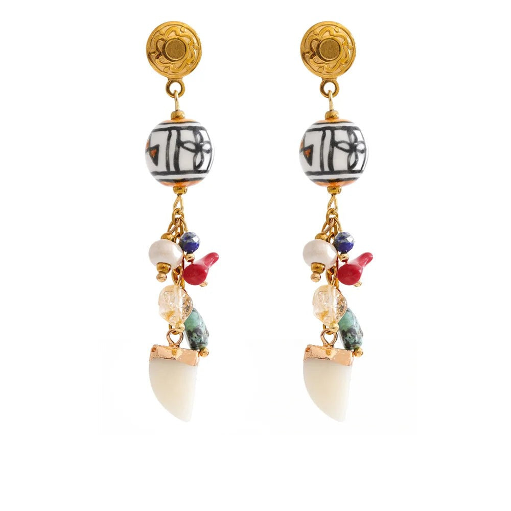 Gold-plated stainless steel earrings with natural stone and resin detailing.