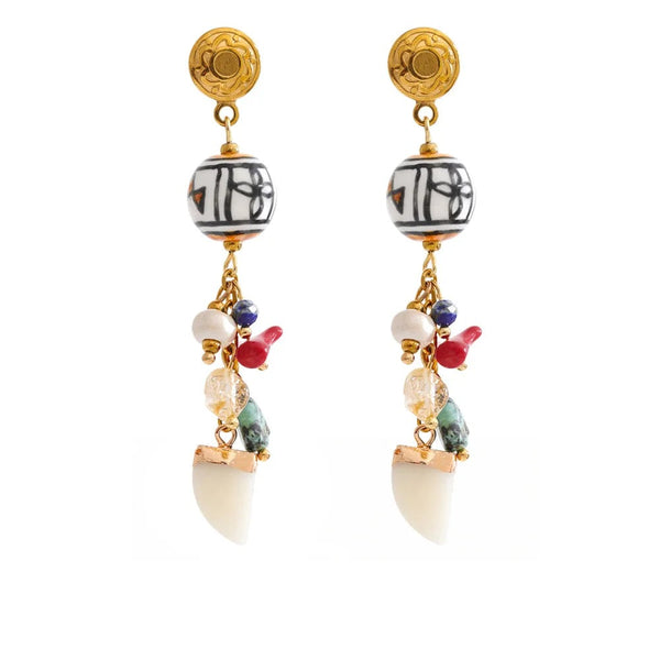 Gold-plated stainless steel earrings with natural stone and resin detailing.