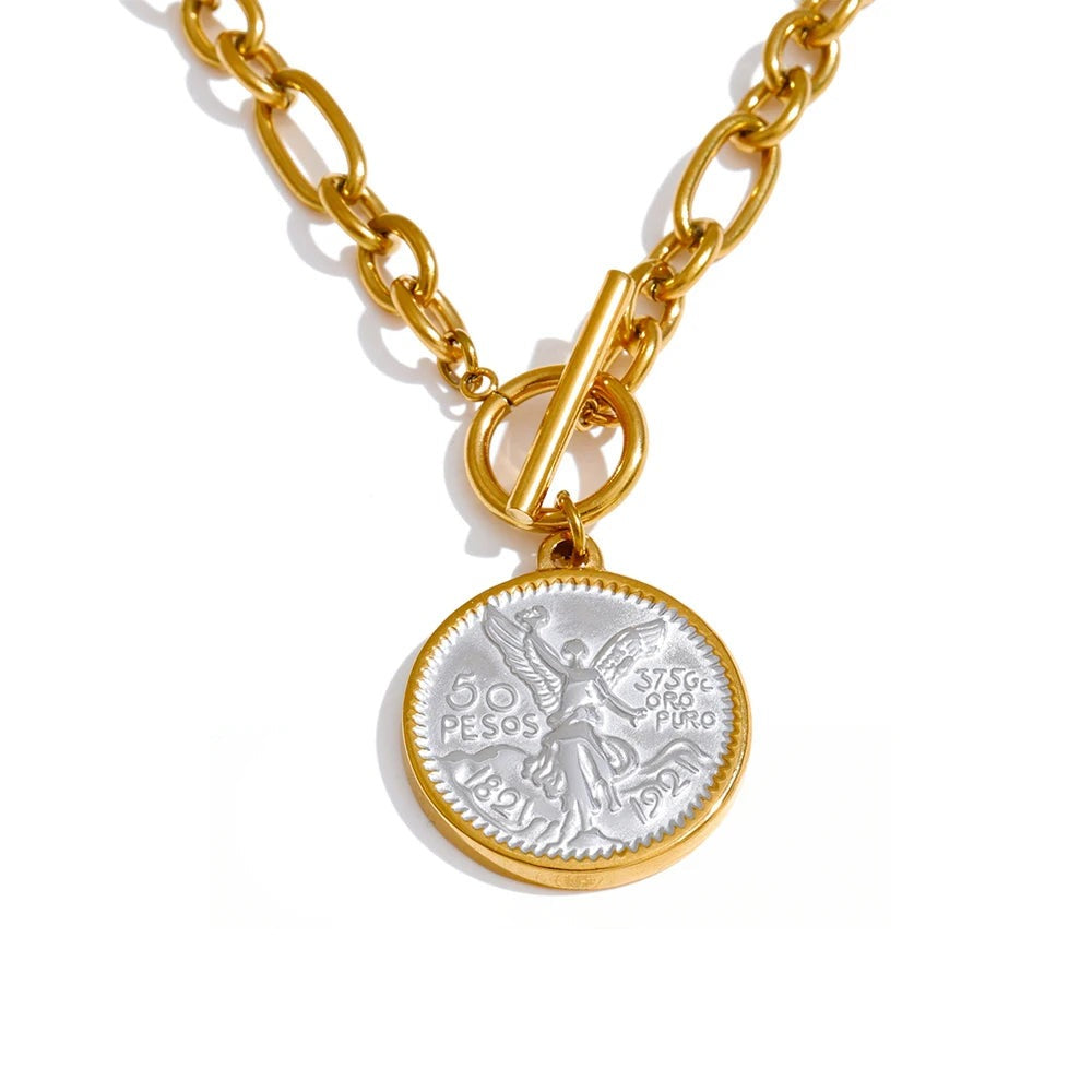 Gold-plated stainless steel necklace featuring a coin pendant.