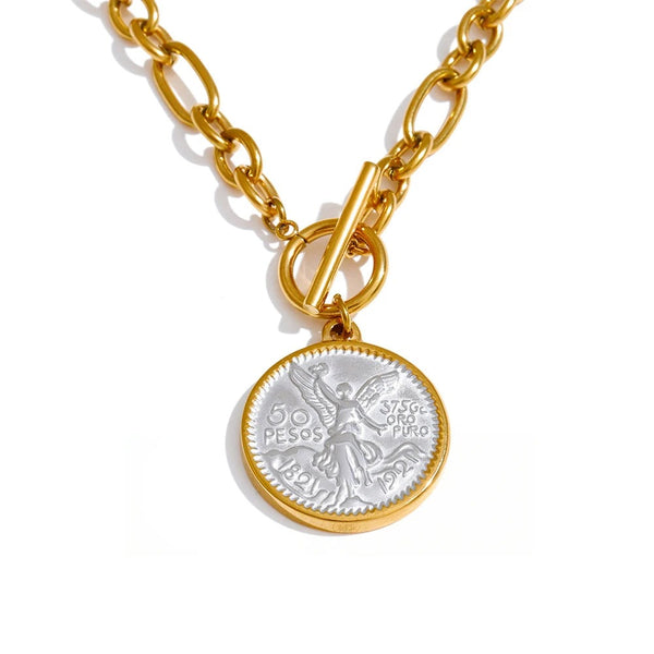 Gold-plated stainless steel necklace featuring a coin pendant.