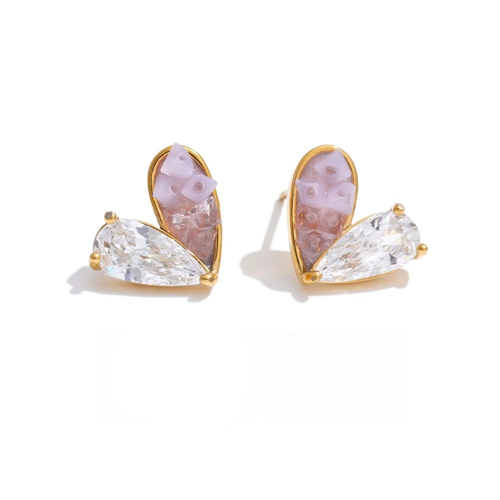 Gold-plated stainless steel earrings with cubic zirconia and resin, featuring a pink flower design.