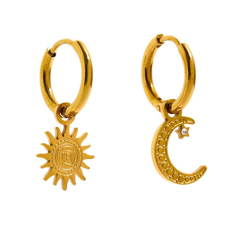 Gold-plated stainless steel earrings featuring a crescent moon and sun pendant.