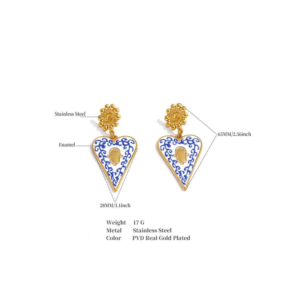 Blue enamel heart earrings in gold-plated stainless steel with enamel.