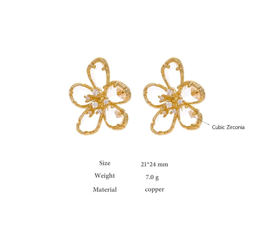 Cubic Zirconia Flower Geometric Earrings — 14K Gold-Plated Copper with Cubic Zirconia · PC21