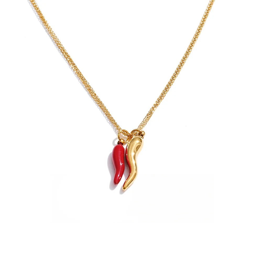 Gold-plated stainless steel necklace with enamel chili pendant.