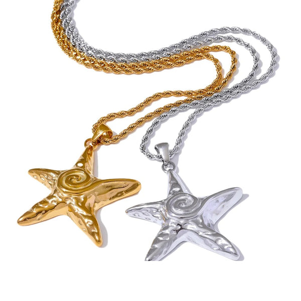 Gold-plated stainless steel necklace featuring a starfish pendant and a silver chain.