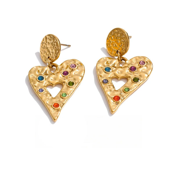 Gold-plated heart earrings with cubic zirconia stones.