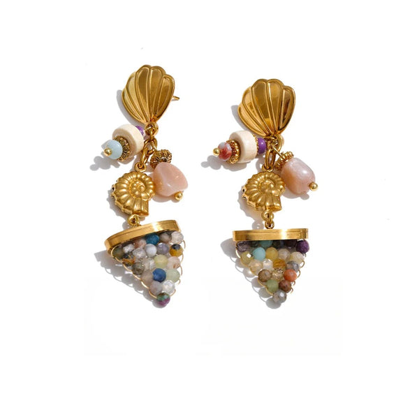 Gold-plated earrings with natural stone and shell, featuring a unique design with multiple colors and shapes.
