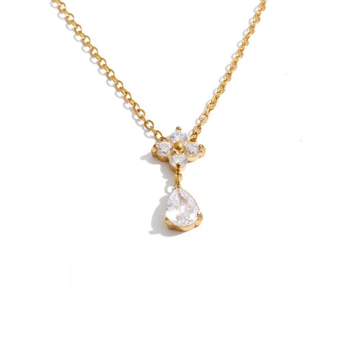 Gold-plated stainless steel necklace with cubic zirconia pendant featuring a teardrop shape.