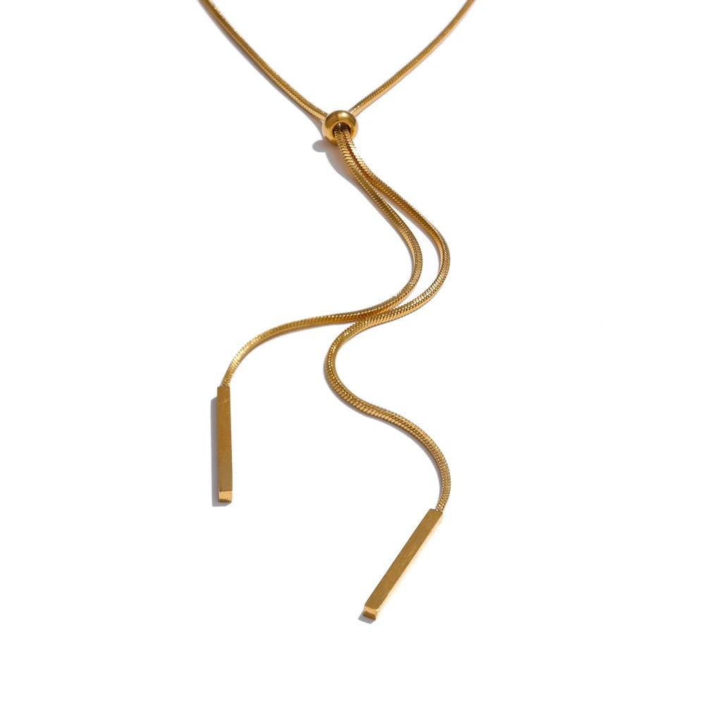 Gold-plated stainless steel necklace with a curved pendant.