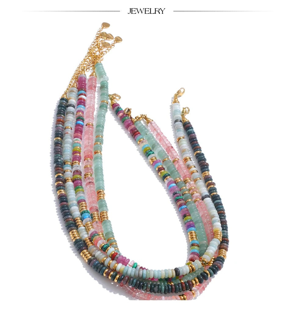 Natural stone beaded multi-color necklace in gold-plated stainless steel with natural stone.