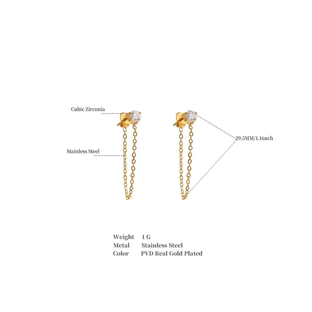 Cubic Zirconia Geometric Chain Earrings — Gold-Plated Stainless Steel with Cubic Zirconia · PS1323