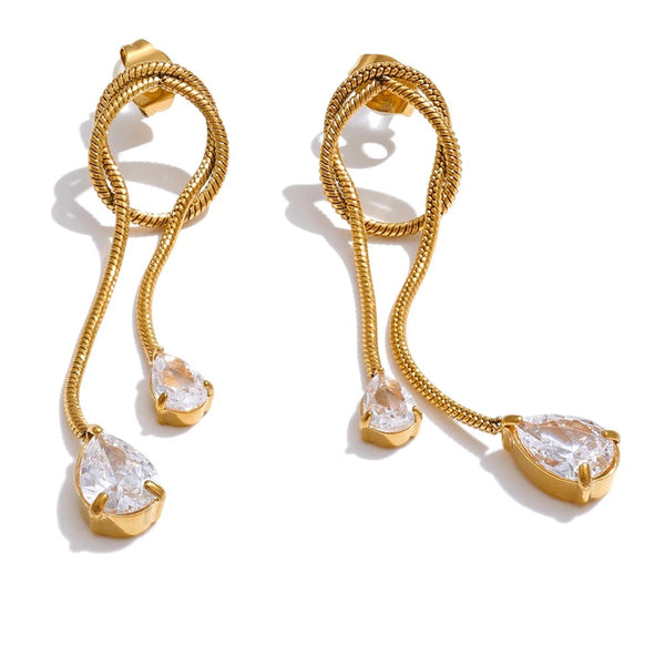 Cubic Zirconia Geometric Chain Earrings — Gold-Plated Stainless Steel with Cubic Zirconia · PS1608