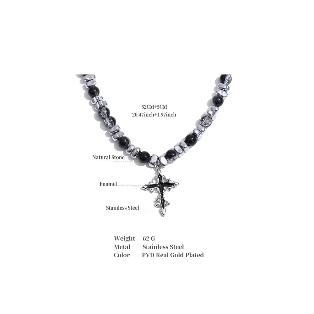 Natural stone cross beaded necklace in gold-plated stainless steel with natural stone.