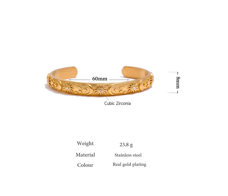Star moon sun bracelet in gold-plated stainless steel.