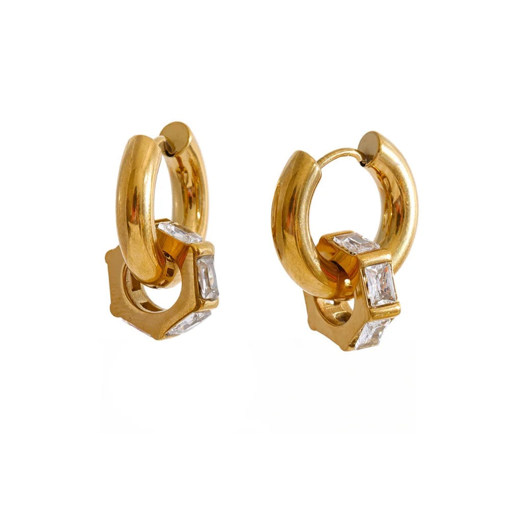 Cubic Zirconia Geometric Earrings — Gold-Plated Stainless Steel with Cubic Zirconia · PS1309