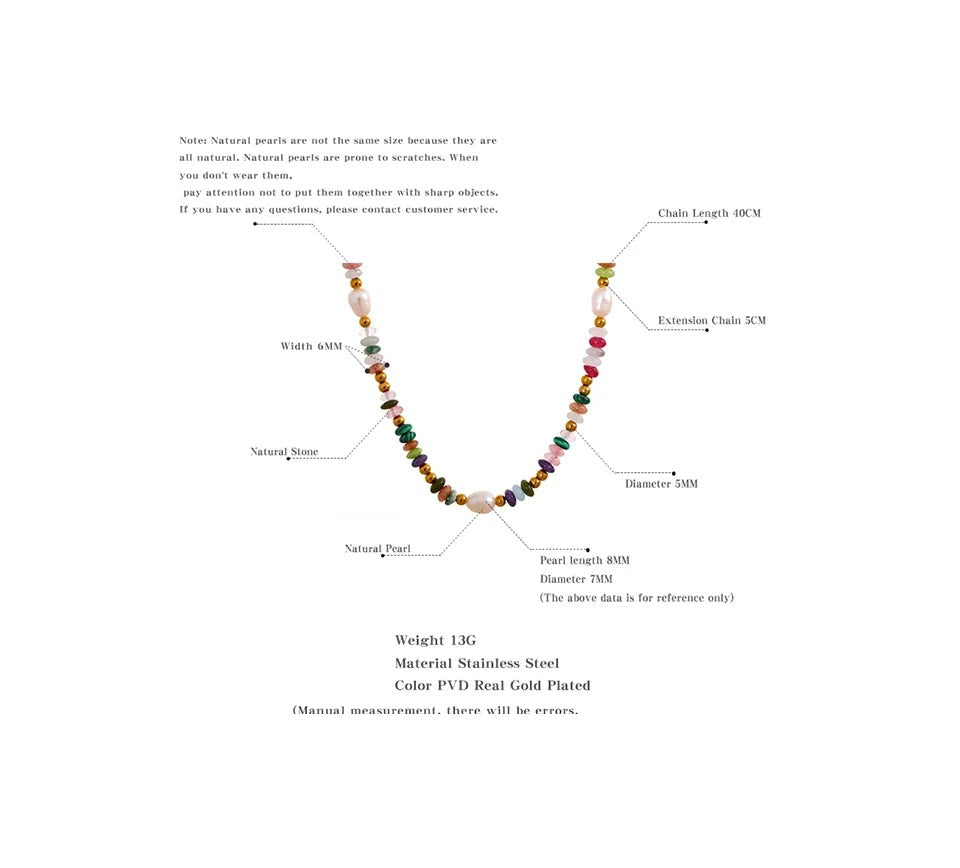 Freshwater pearl natural stone multi-color necklace in gold-plated stainless steel with freshwater pearl and natural stone.