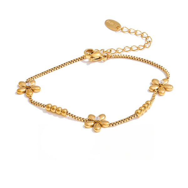 Cubic Zirconia Flower Geometric Bracelet — Gold-Plated Stainless Steel with Cubic Zirconia · PS1032