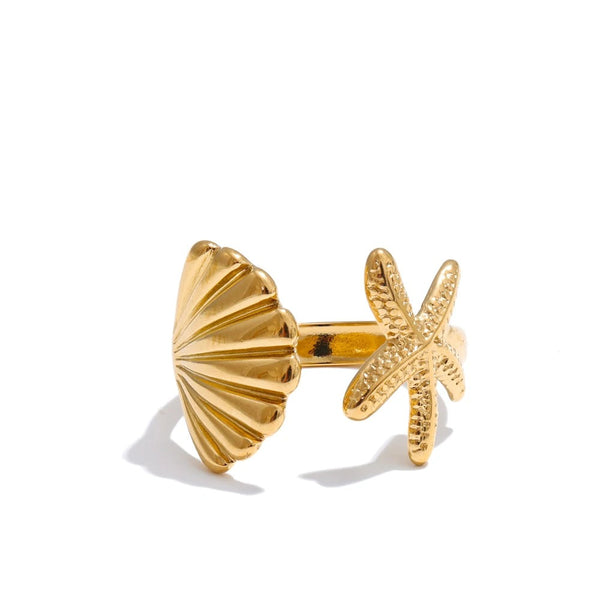 Gold-plated stainless steel ring with shell design.