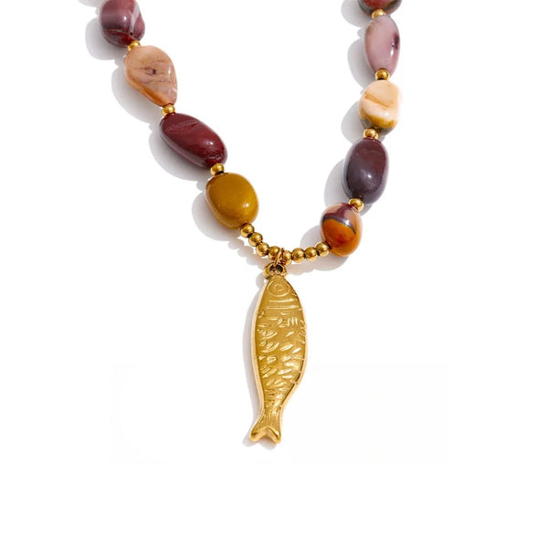 Gold-plated stainless steel necklace with natural stone accents and a fish pendant.