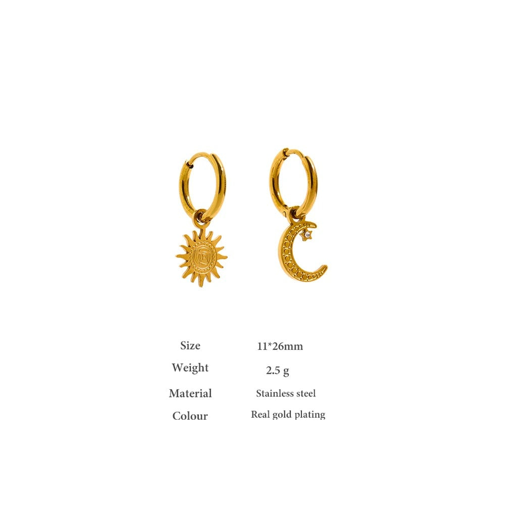 Star moon hammered earrings in gold-plated stainless steel.