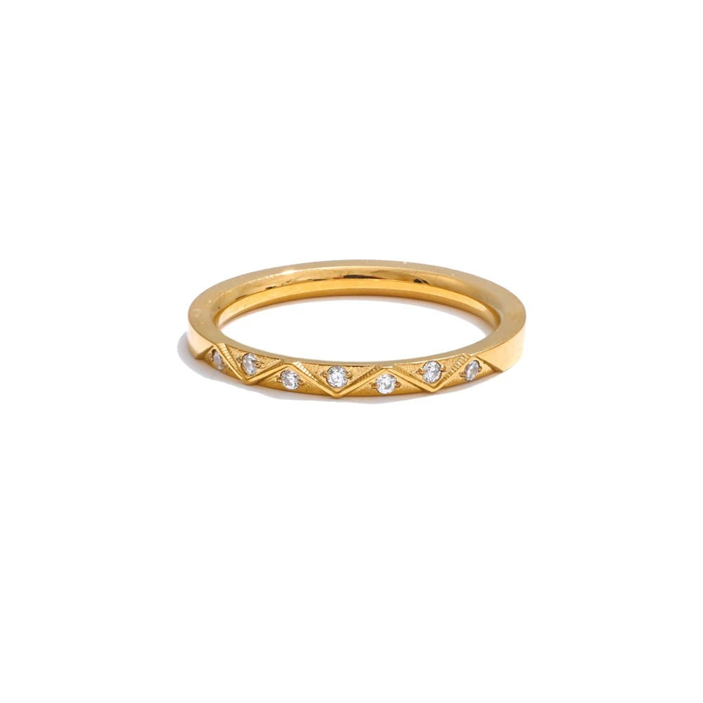 Gold-plated stainless steel ring with cubic zirconia accents.