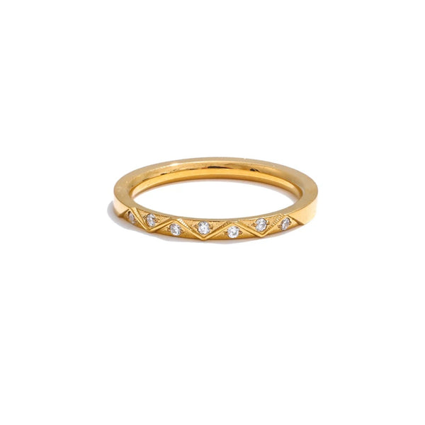 Gold-plated stainless steel ring with cubic zirconia accents.