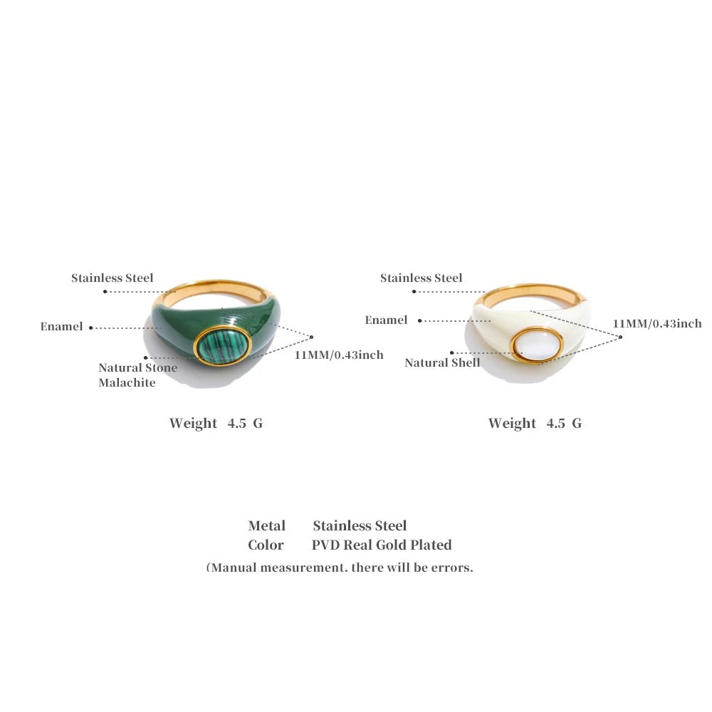 White shell enamel ring in 18K gold-plated stainless steel with natural stone and shell.