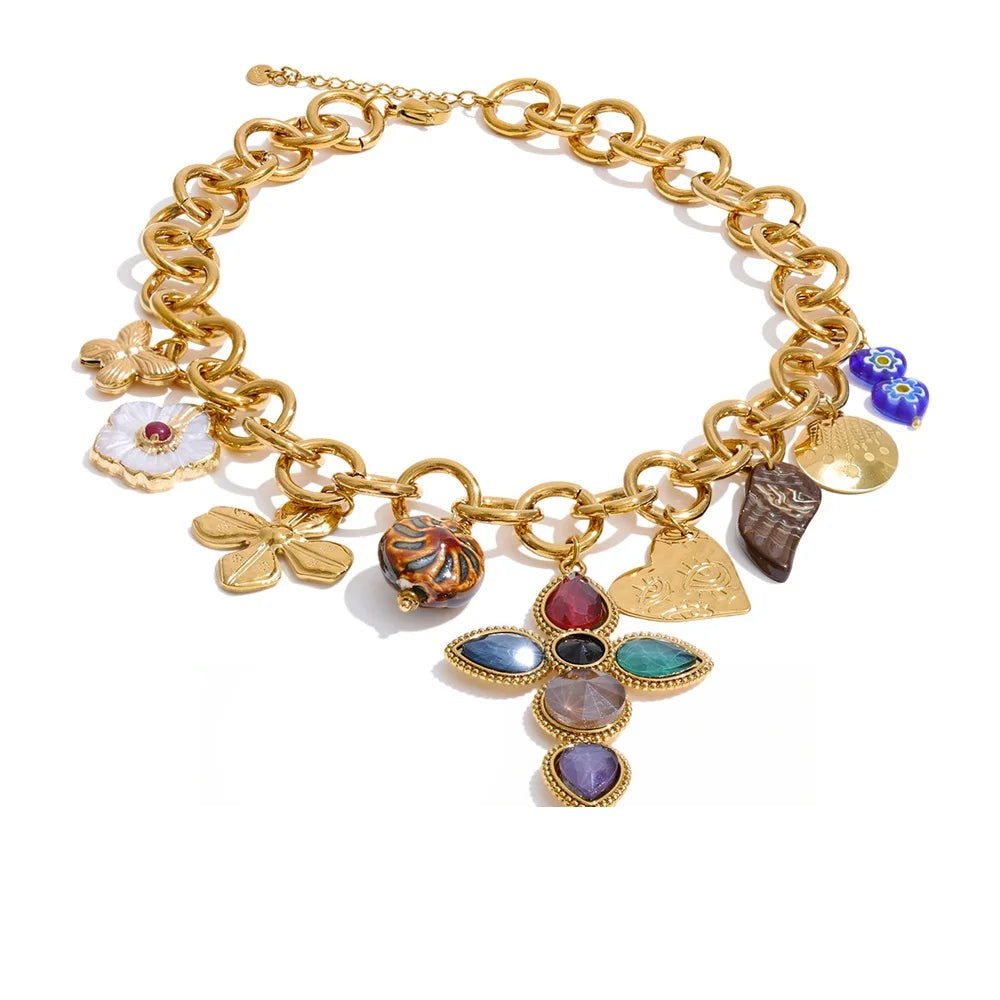 Gold-plated stainless steel necklace with cubic zirconia stones.