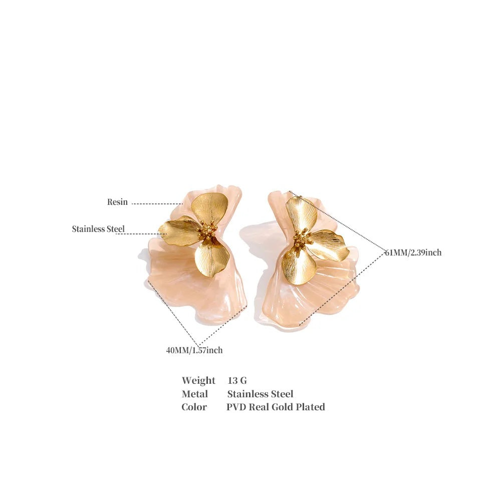 Green resin flower earrings in gold-plated stainless steel with resin.