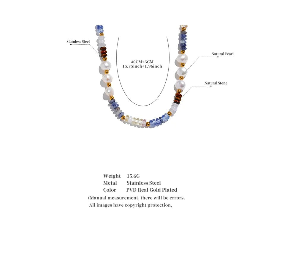 Freshwater pearl natural stone beaded necklace in gold-plated stainless steel with freshwater pearl and natural stone.