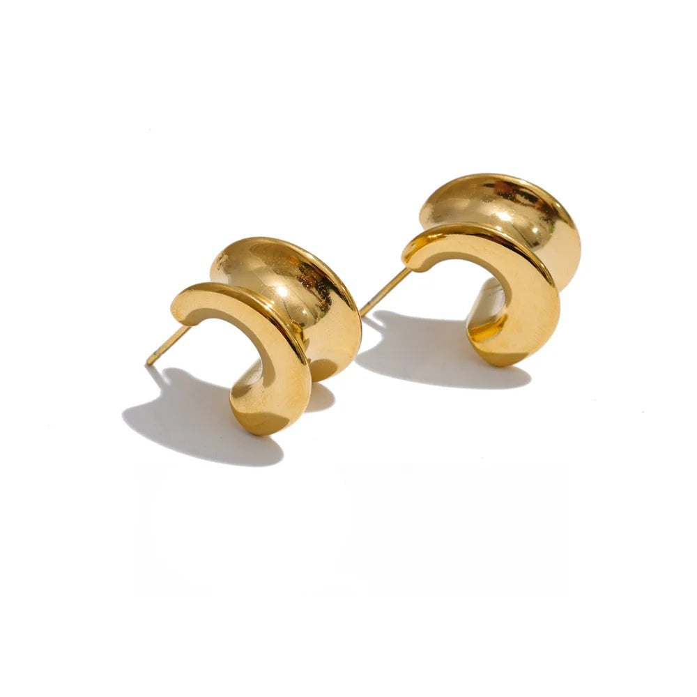 Gold-plated stainless steel earrings with a unique design featuring two gold rings connected by a small bridge.