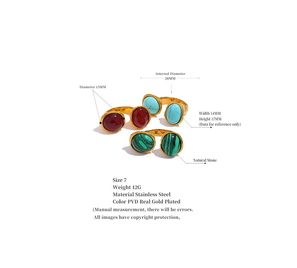 Red natural stone vintage ring in 18K gold-plated stainless steel with natural stone.