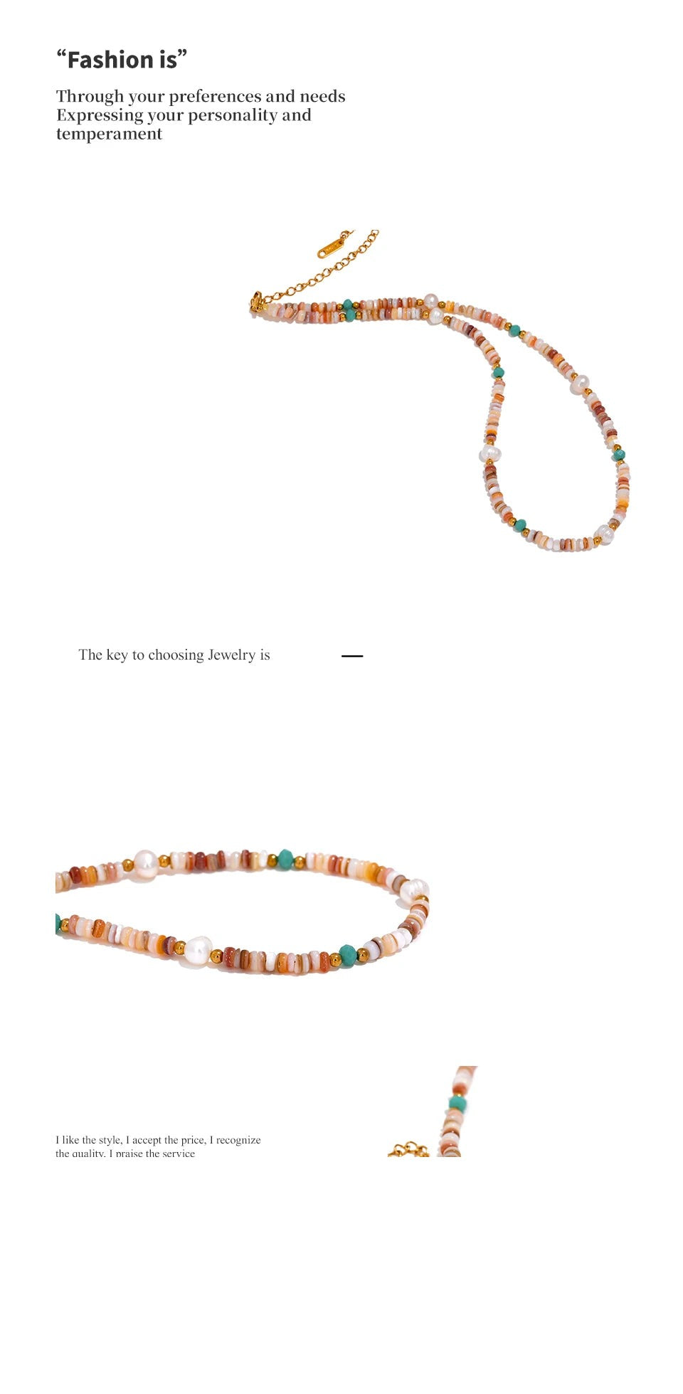 Freshwater pearl natural stone beaded necklace in gold-plated stainless steel with freshwater pearl and natural stone.