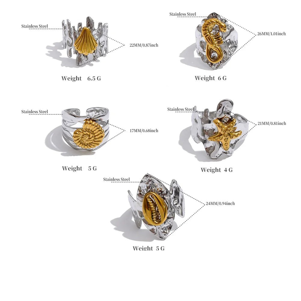 Shell star geometric ring in 18K gold-plated stainless steel with shell.