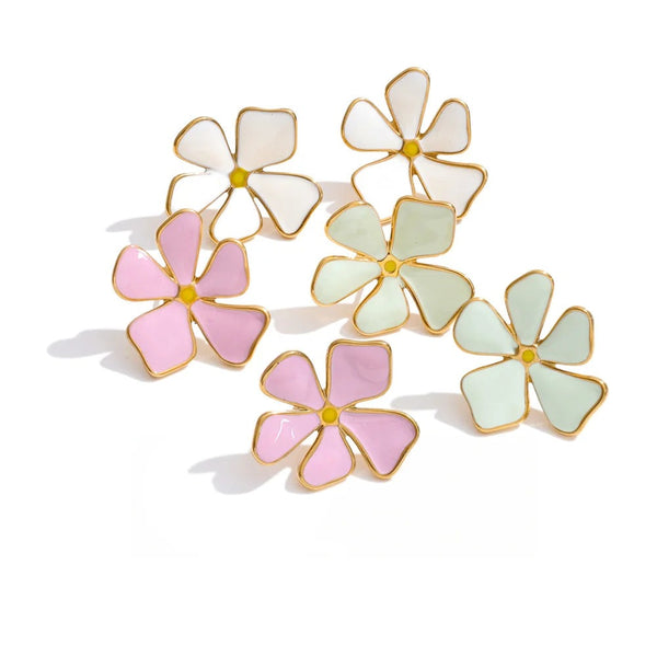 Gold-plated stainless steel flower earrings with pink, white, and yellow flowers.