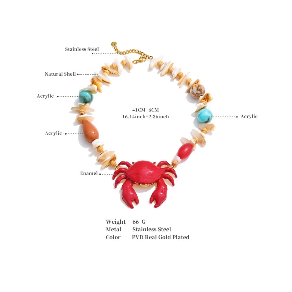 Red shell resin necklace in gold-plated stainless steel with natural stone and shell.