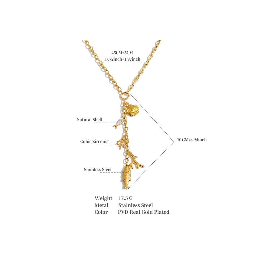 Cubic zirconia shell geometric necklace in gold-plated stainless steel with cubic zirconia and shell.