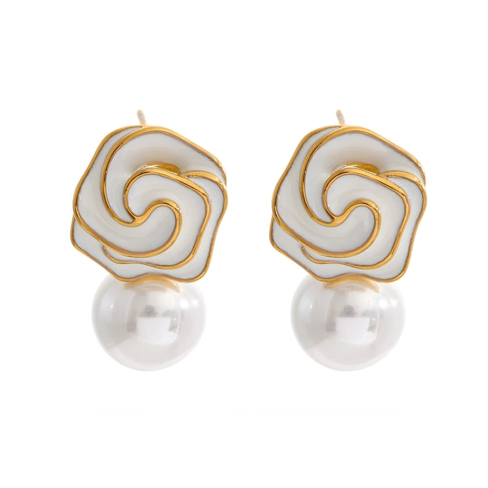 Gold-plated stainless steel earrings with pearl and enamel detailing.