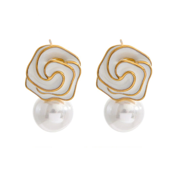 Gold-plated stainless steel earrings with pearl and enamel detailing.